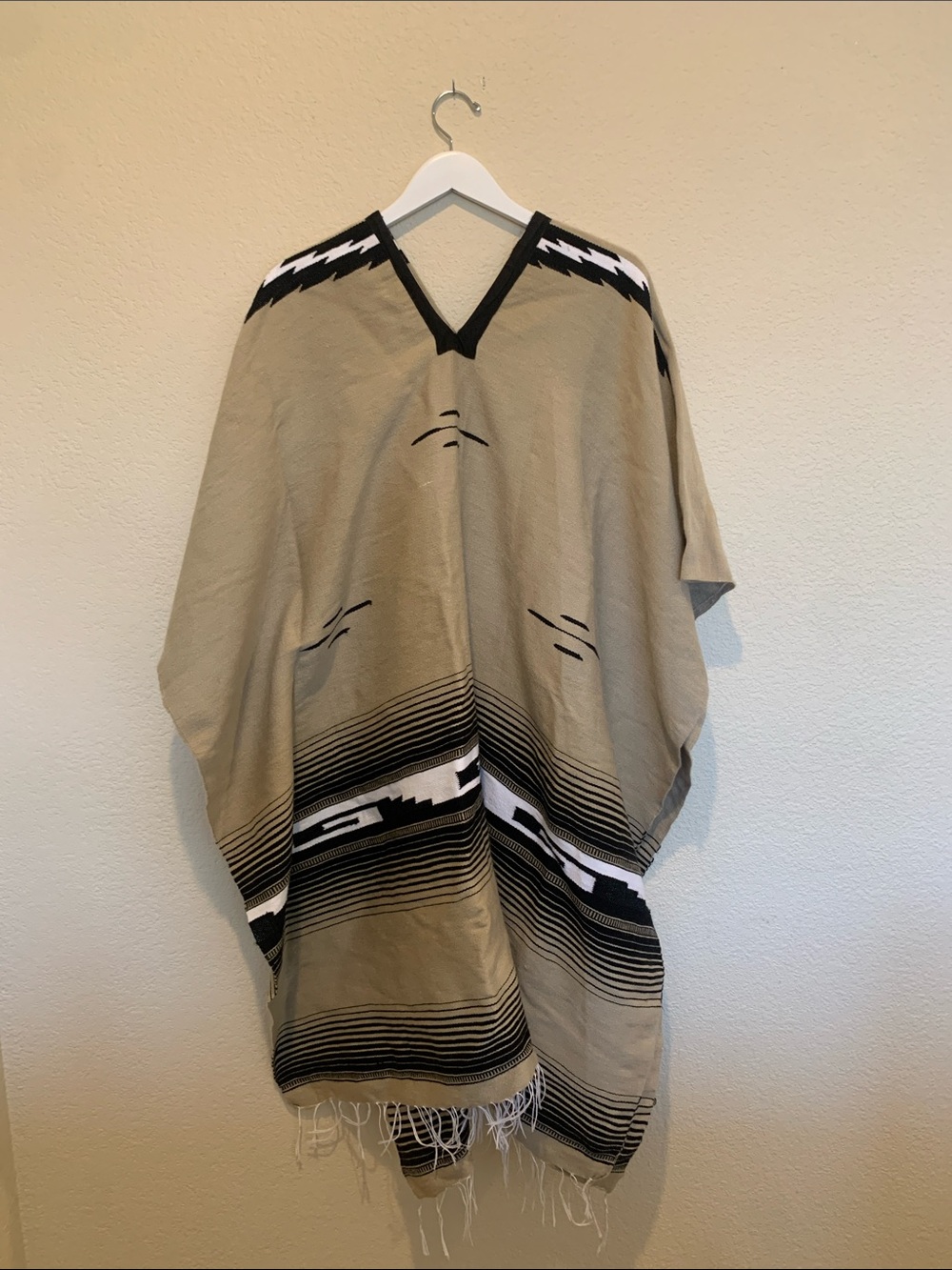 Tan and Black Serape Style Poncho Authentic
